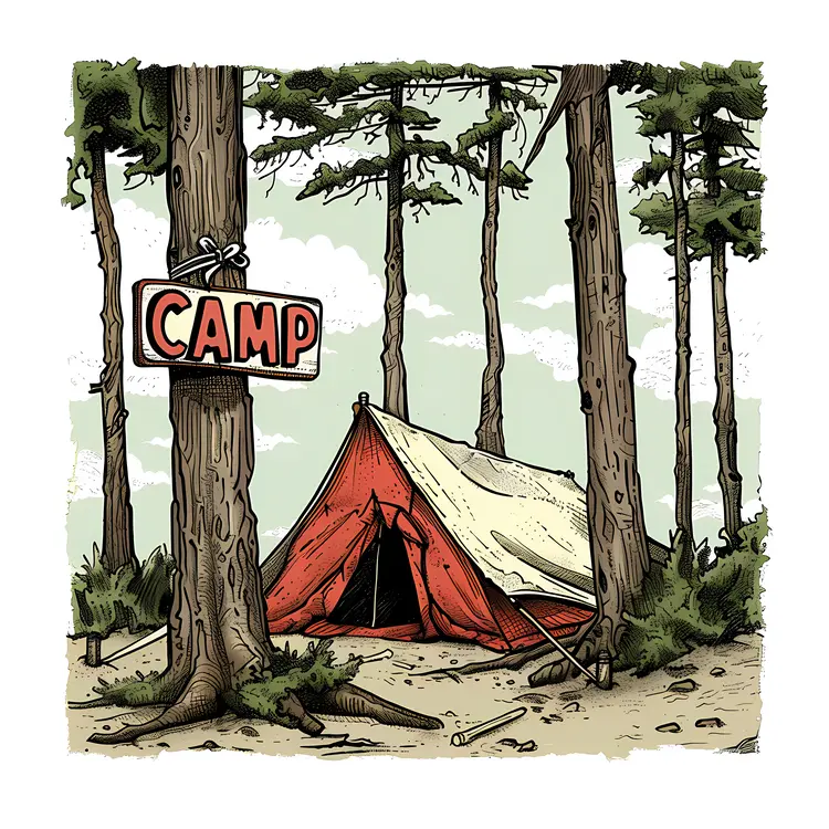 Camp Sign with Tent in Forest