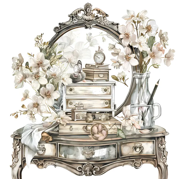 Vintage Vanity Table with Flowers and Books