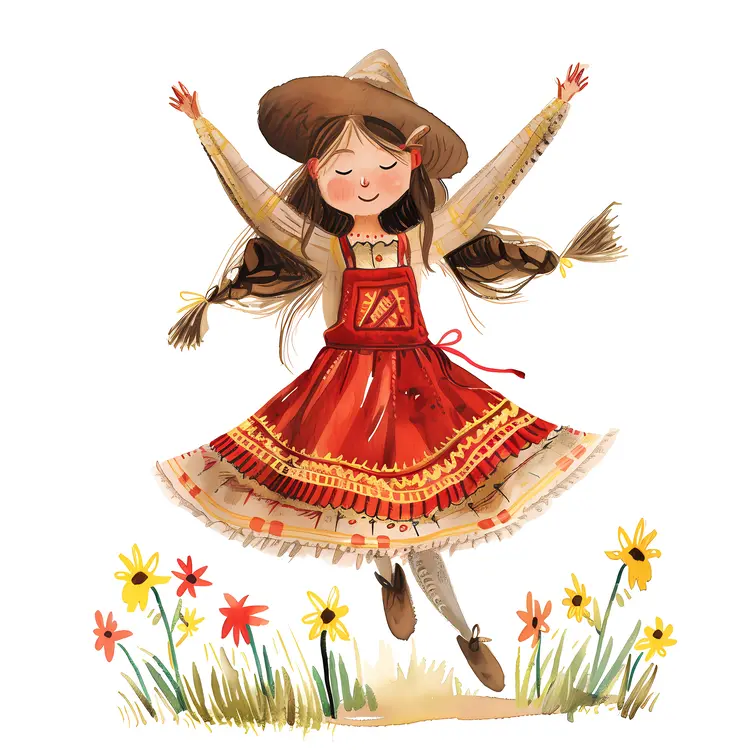 Girl in Red Dress Jumping with Flowers