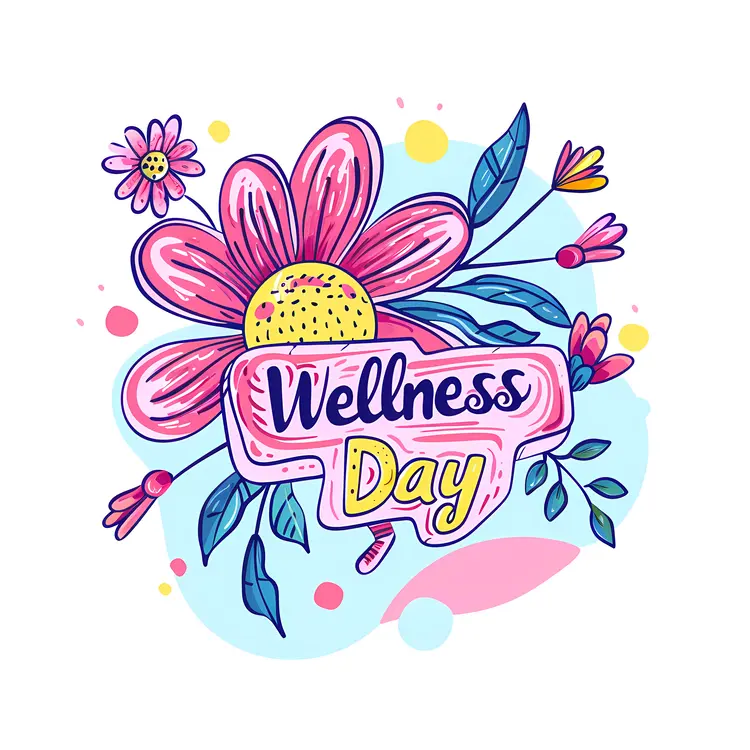Wellness Day with Pink Flower and Blue Background