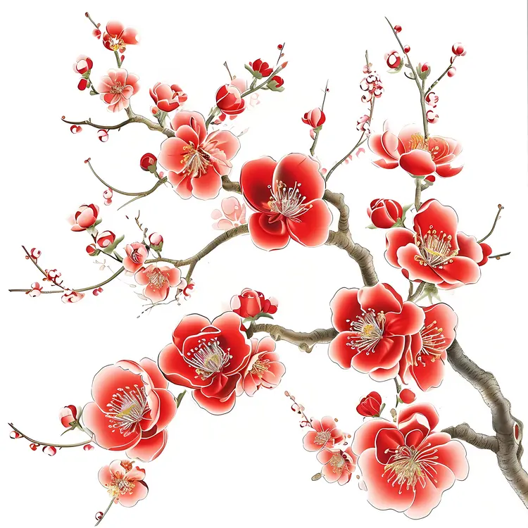 Vibrant Red Blossoms on Branches