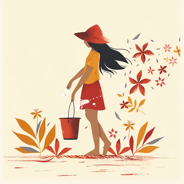 Girl Watering Flowers with Bucket