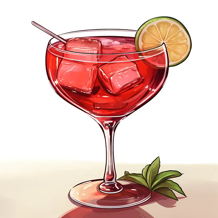 Red Cocktail with Lime Slice and Mint Leaves