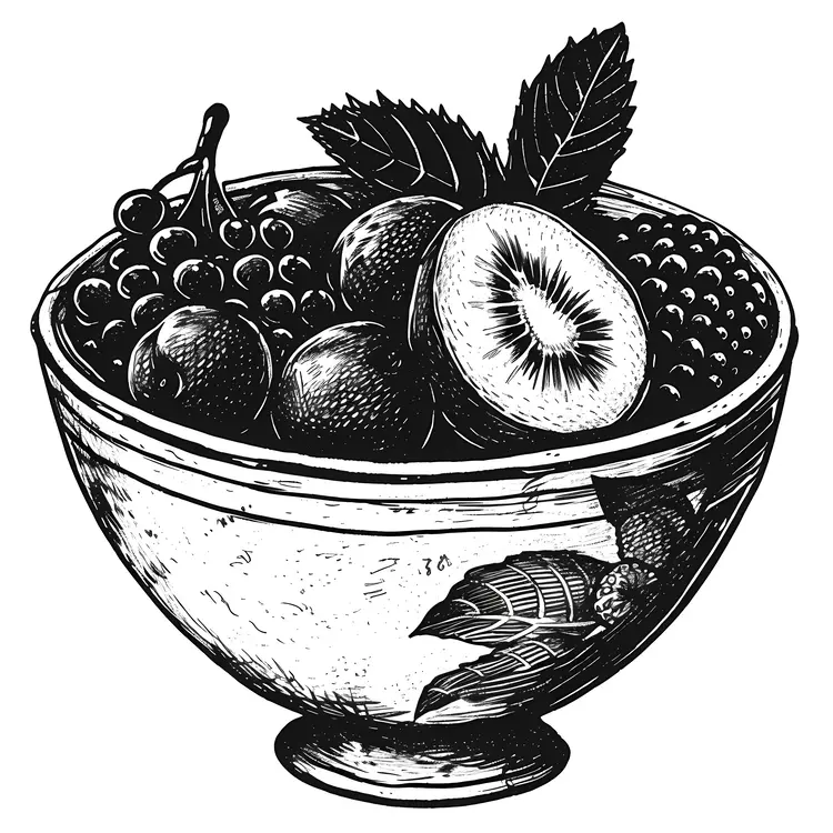 Black and White Fruit Bowl with Kiwi and Grapes