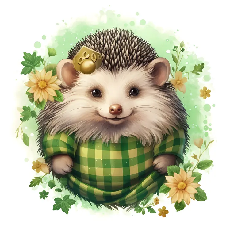 Cute Hedgehog in Green Outfit with Flowers