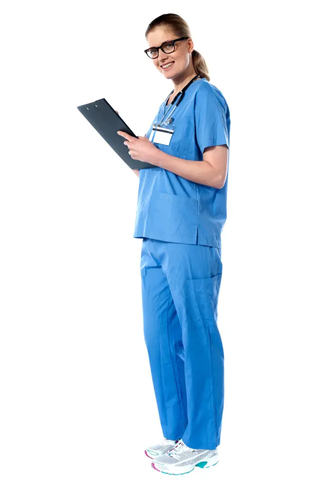 Nurse in Blue Scrubs with Clipboard