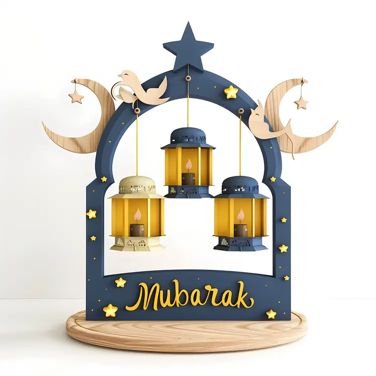 Mubarak Sign with Lanterns and Crescent Moons