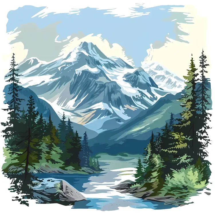 Mountain Landscape with River and Trees