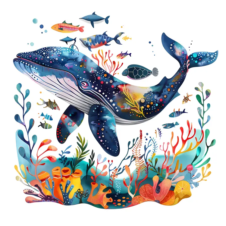 Colorful Whale and Marine Life Illustration
