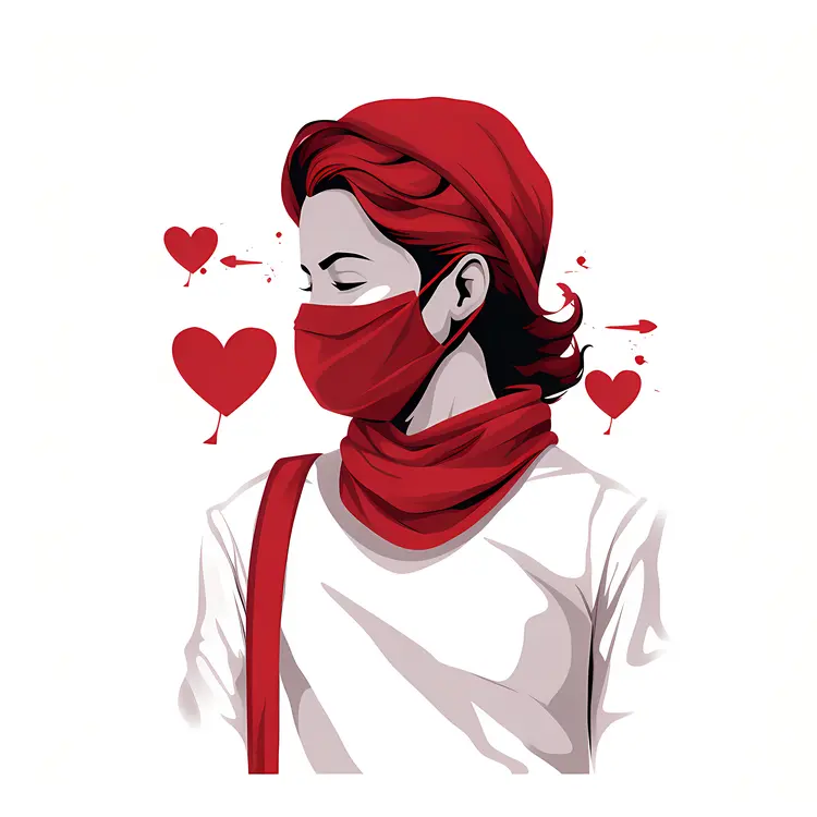Masked Woman in Red with Hearts