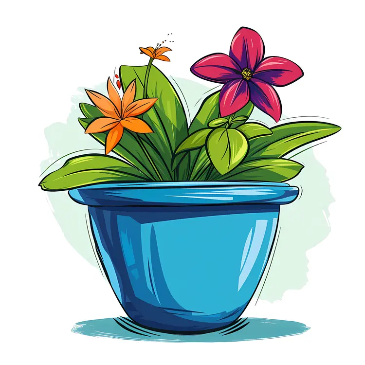 Colorful Flowers in Blue Pot