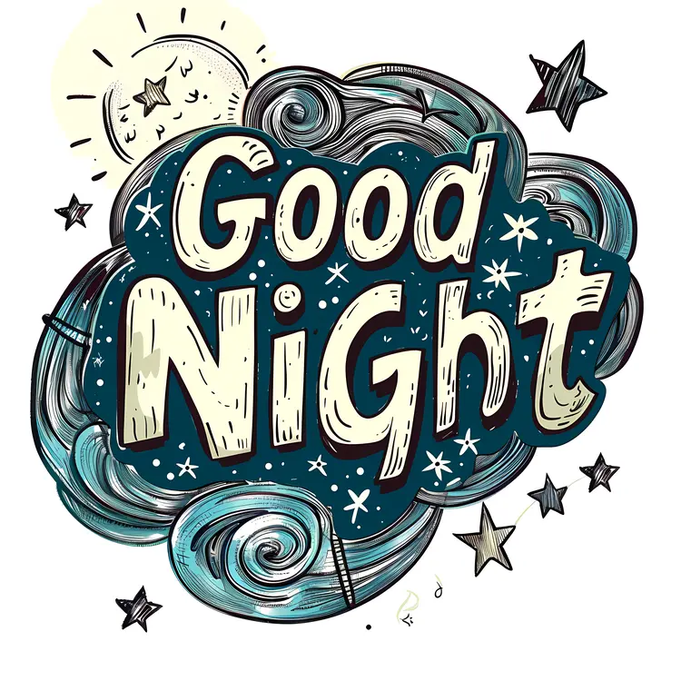 Good Night Text with Stars and Moon Illustration