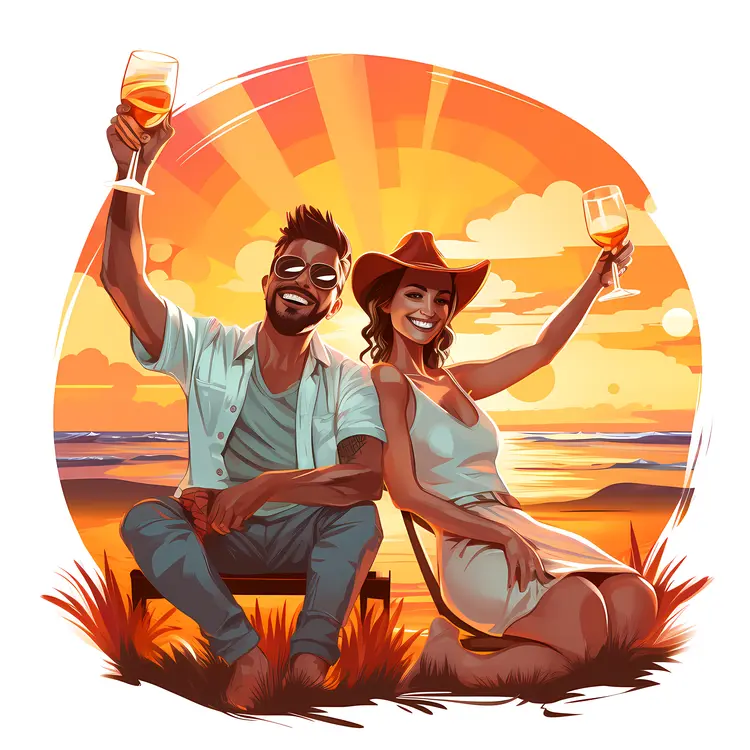 Couple Enjoying Wine at Sunset Beach