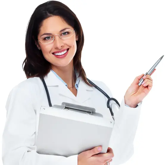Female Doctor with Glasses Holding Clipboard