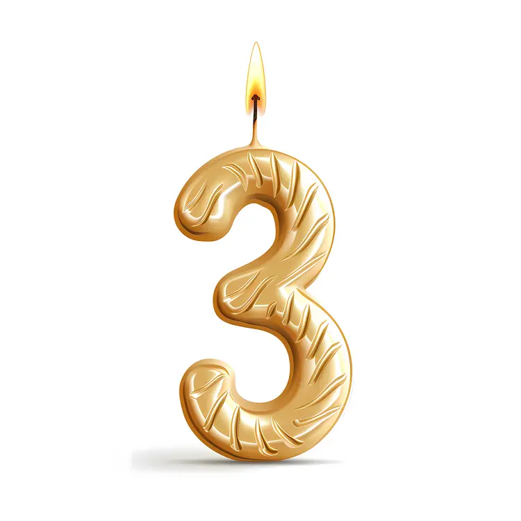 Golden Number 3 Candle for Birthday Celebration