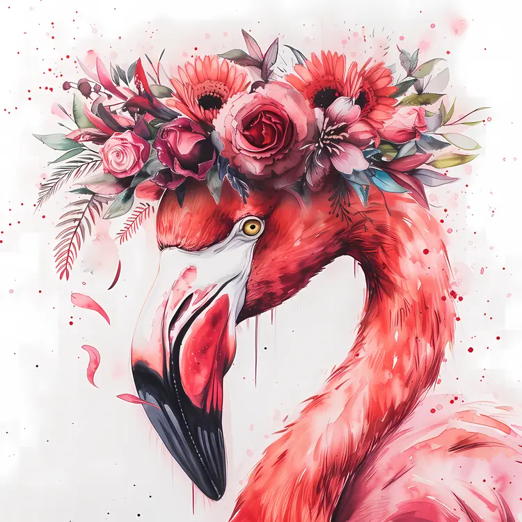 Graceful Flamingo Adorned with Flowers in Watercolor