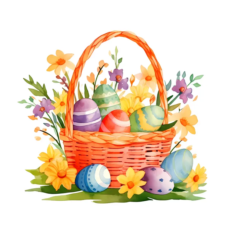 Easter Basket with Colorful Eggs and Flowers