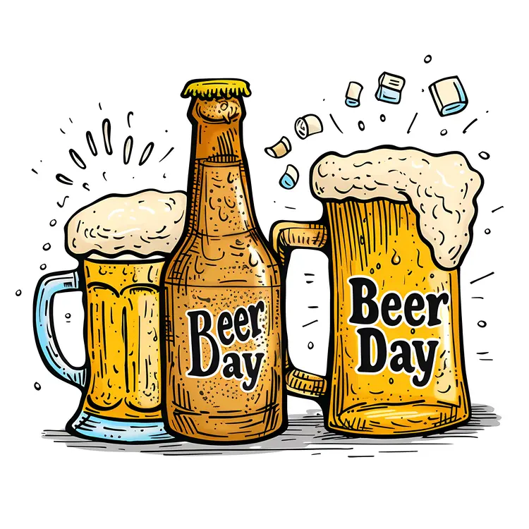 Beer Day Celebration with Mugs and Bottle