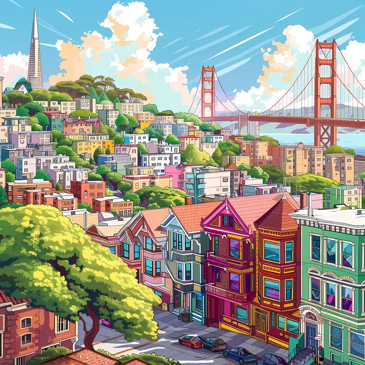 Colorful Cityscape with Bridge and Buildings