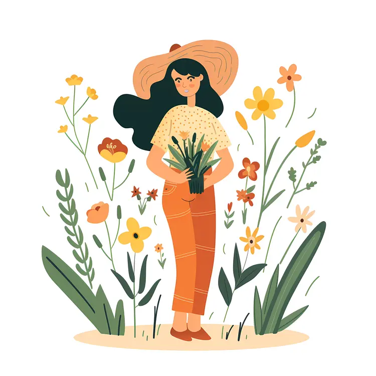 Woman in Garden with Flowers