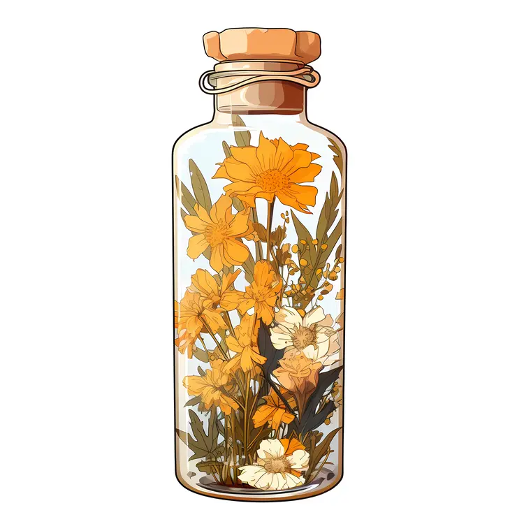 Yellow Flowers in a Glass Bottle