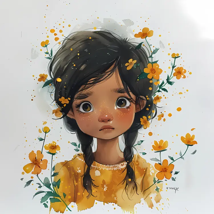 Cute Girl with Flowers Illustration