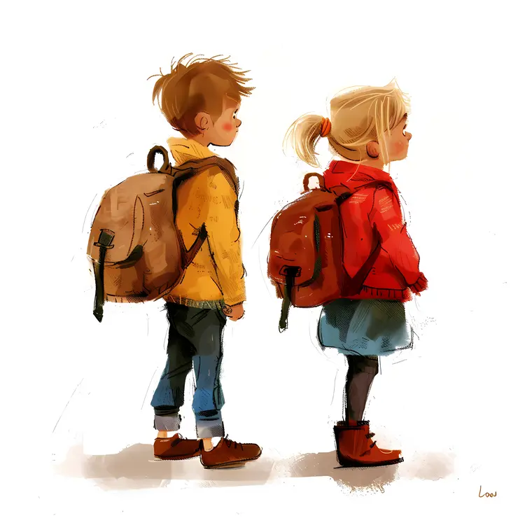 Children with Backpacks in Autumn Clothing