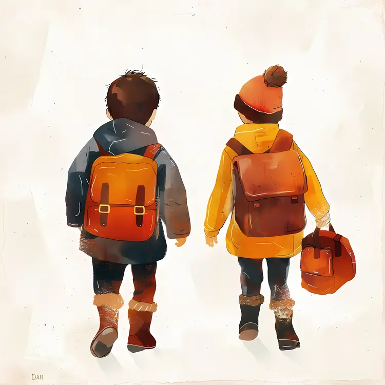 Children with Backpacks Walking to School