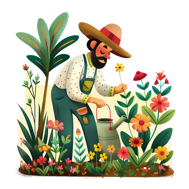 Man Watering Flowers in Garden