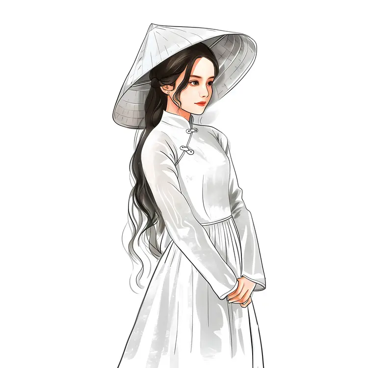 Graceful Woman in White Dress with Conical Hat