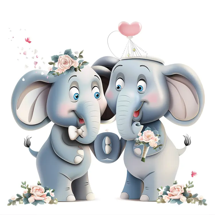 Gray Elephants Wedding with Heart and Flowers
