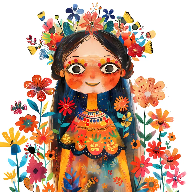 Cute Girl with Colorful Flowers Illustration