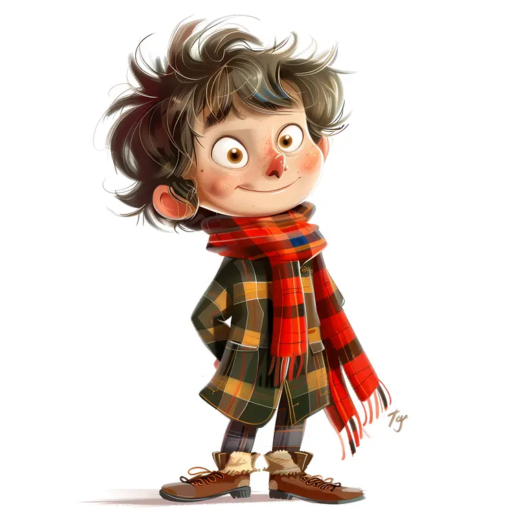 Cute Boy Character with Red Scarf and Coat