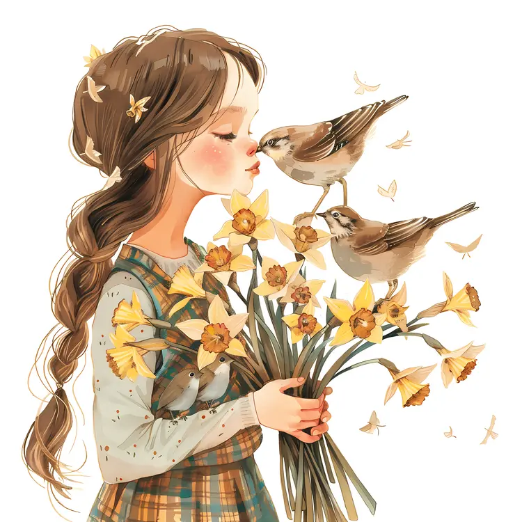 Girl Holding Daffodils with Birds Illustration