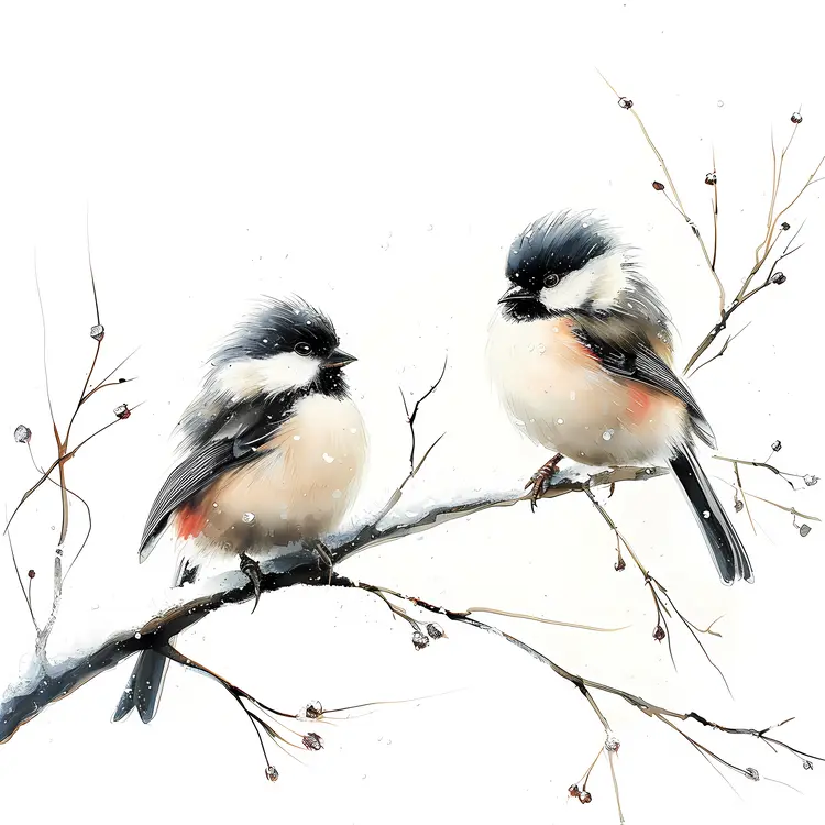 Chickadees on a Snowy Branch
