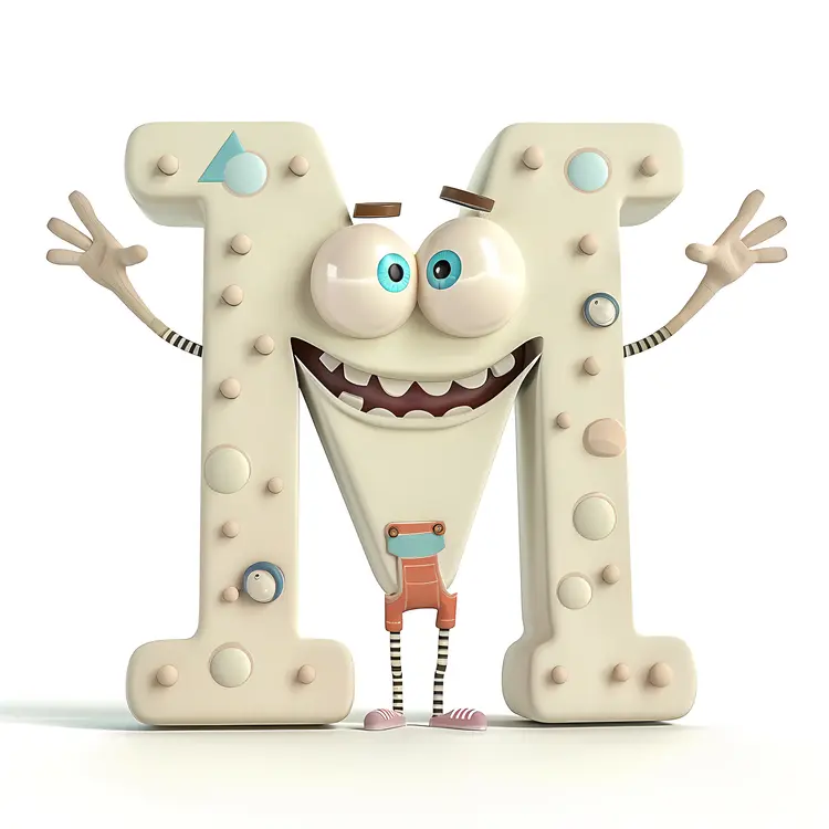 White M Alphabet Character with Eyes and Hands
