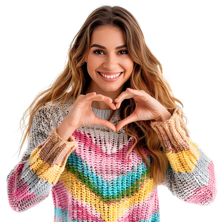 Girl Holding Heart in Colorful Sweater