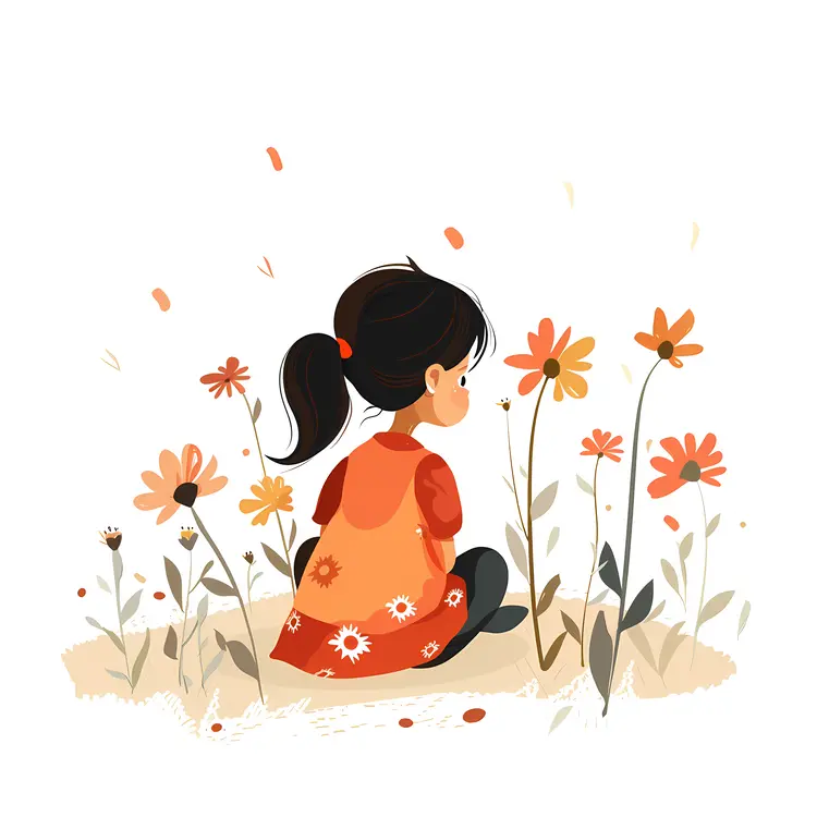 Girl Sitting with Flowers Illustration