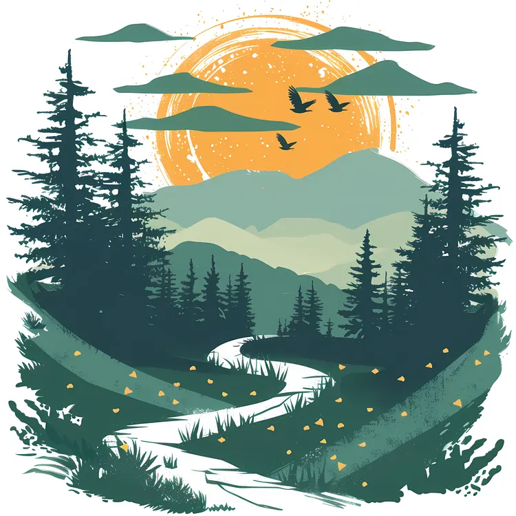 Mountain Path with Sun and Trees