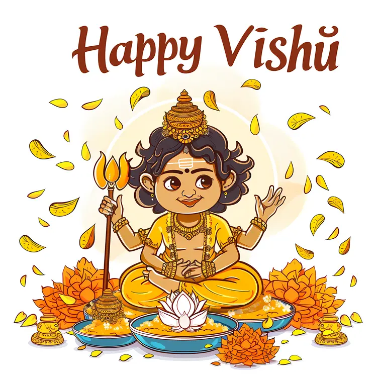 Cartoon Child with Lotus and Lamp for Vishu