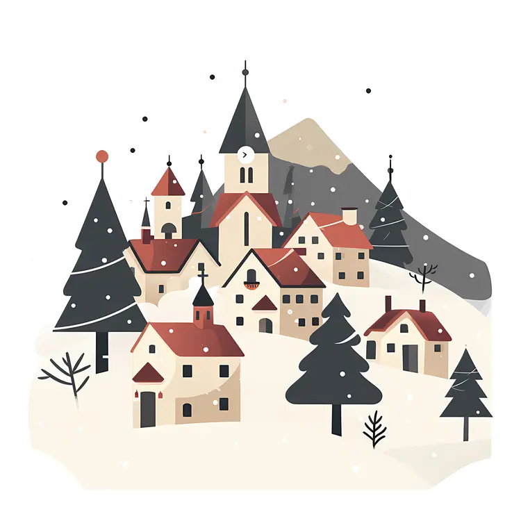 Snowy Village with Red Roof Houses