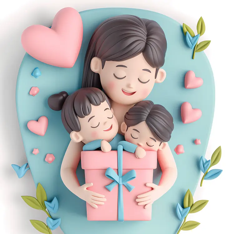 Mother and Children with Gift
