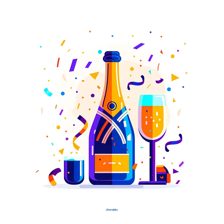 Champagne Bottle and Glass with Confetti