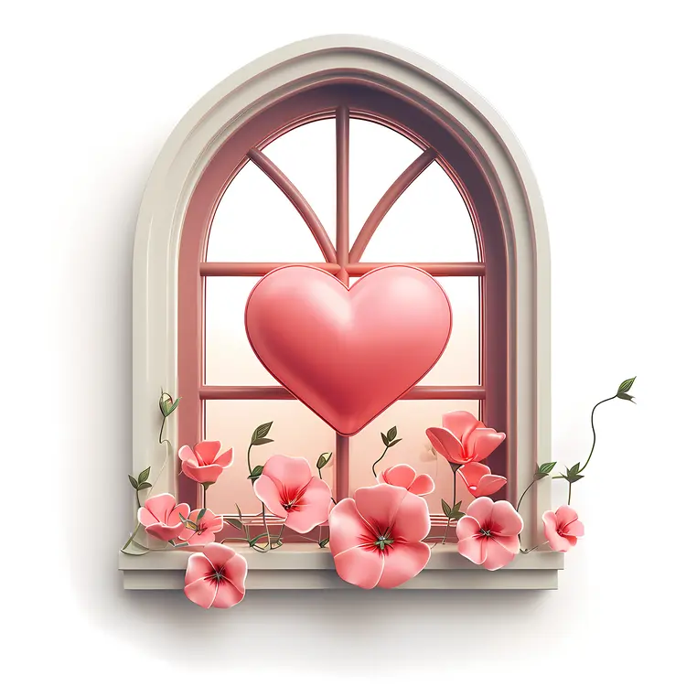 Pink Heart in Window with Flowers