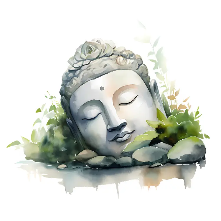 Resting Buddha Head with Rocks and Plants