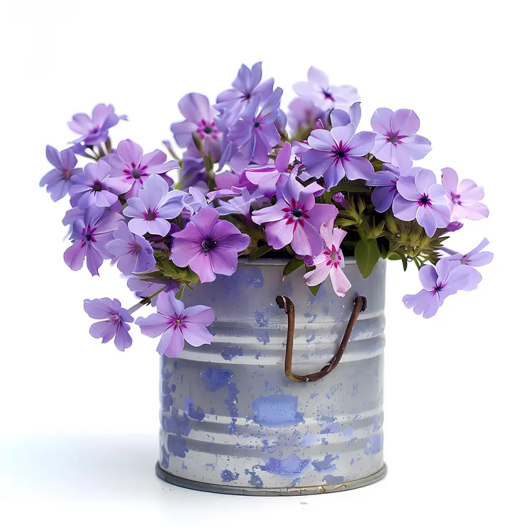 Purple Flowers in Rustic Metal Bucket