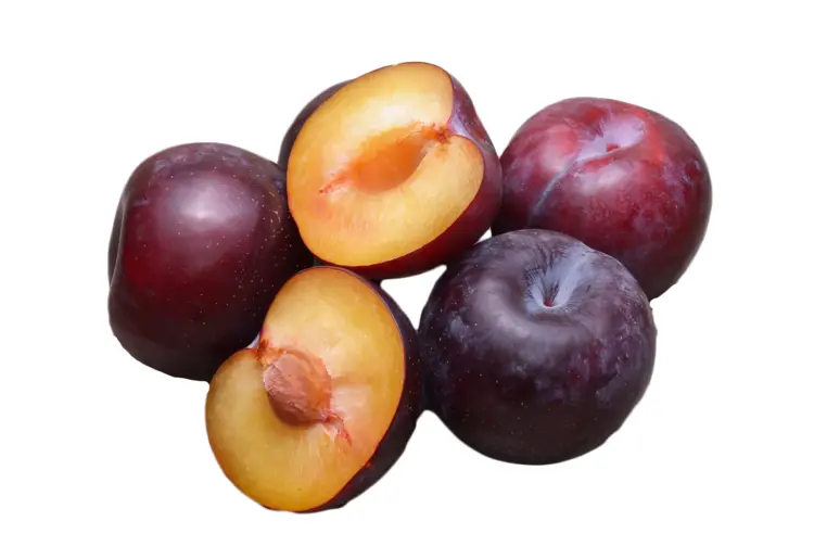 Five Fresh Red Plums with Halved Pieces
