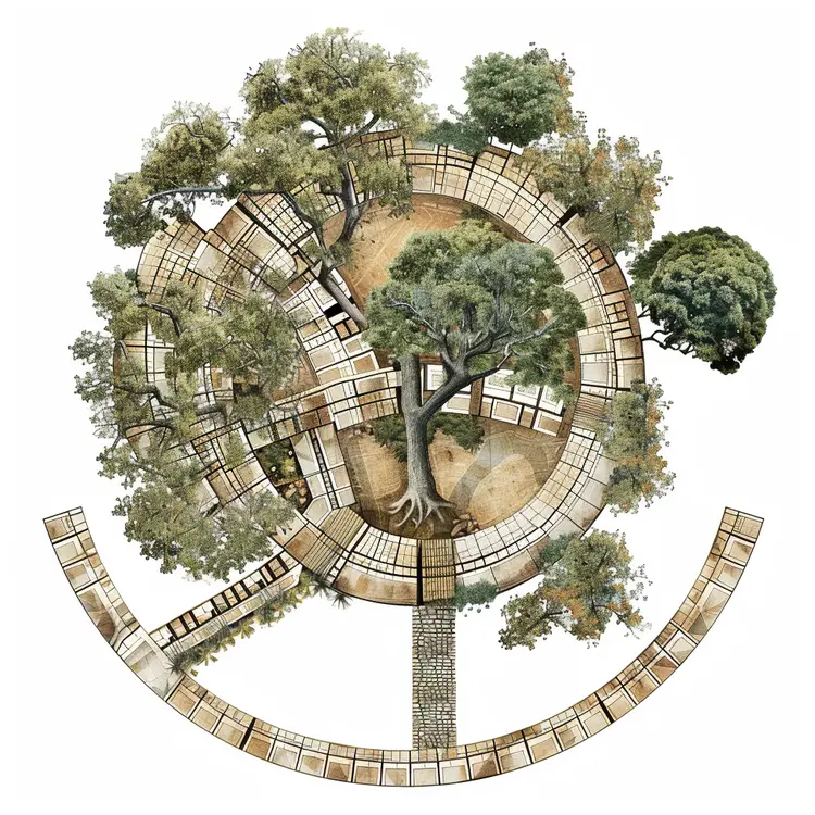 Circular Architectural Plan with Dense Trees