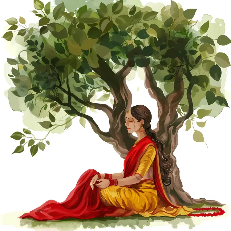 Woman in Red and Yellow Sitting Under Tree