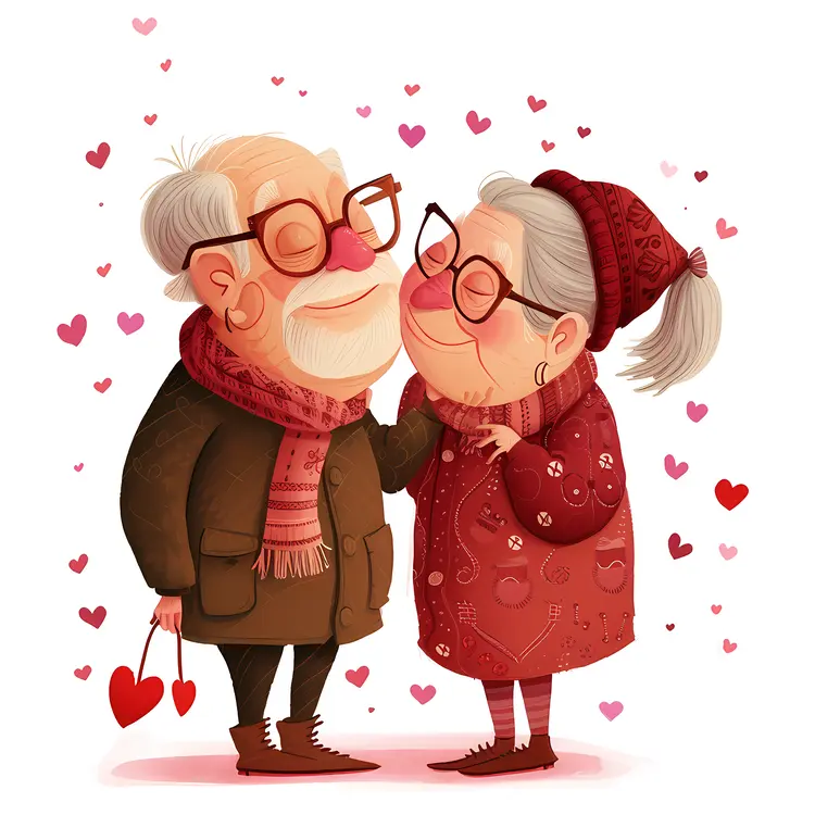 Elderly Couple in Love with Hearts